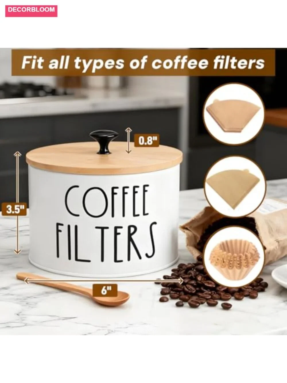 Coffee Filter Holder with Bamboo Lid, Large Capacity, Metal Base